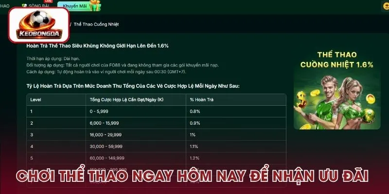 Chơi thể thao ngay hôm nay để nhận ưu đãi hoàn trả lên đến 1.6%