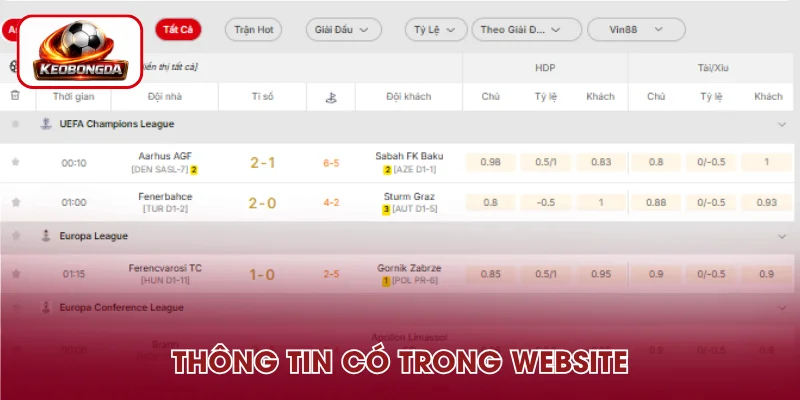 Thông tin quan trọng có trong bảng tỷ số bóng đá