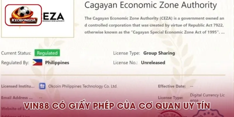 Vin88 có giấy phép của cơ quan uy tín, đảm bảo hoạt động minh bạch